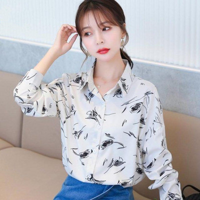 Γυναικείο μακρυμάνικο σιφόν πουκάμισο γαλλικής μόδας, απαλές λεπτές γυναικείες μπλούζες, εμπριμέ με ασπρόμαυρες ρίγες, καλοκαίρι