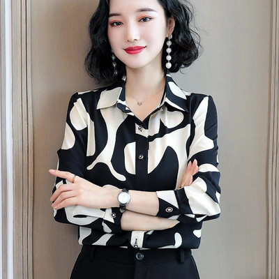 Γυναικείο μακρυμάνικο σιφόν πουκάμισο γαλλικής μόδας, απαλές λεπτές γυναικείες μπλούζες, εμπριμέ με ασπρόμαυρες ρίγες, καλοκαίρι