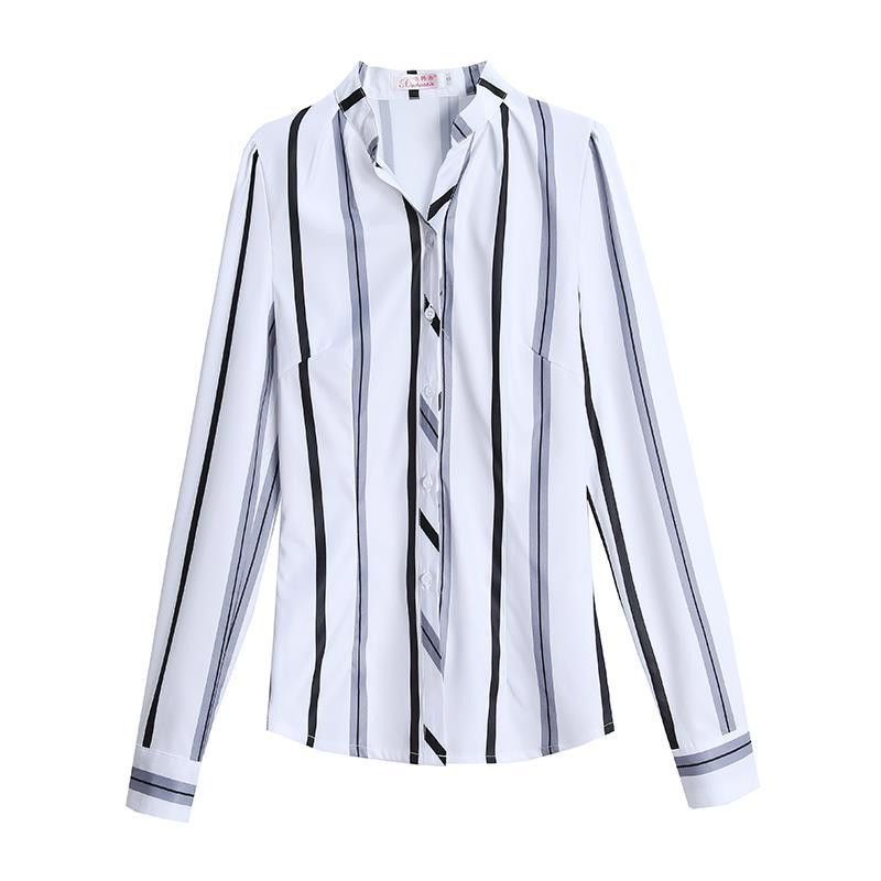 Γυναικείο μακρυμάνικο σιφόν πουκάμισο γαλλικής μόδας, απαλές λεπτές γυναικείες μπλούζες, εμπριμέ με ασπρόμαυρες ρίγες, καλοκαίρι