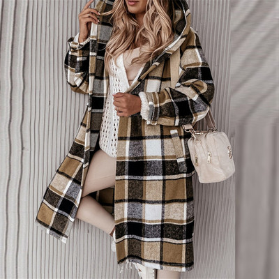 Modna, ležerna, široka karirana jakna s blokovima boja Najnoviji jesenski kardigan s gumbima Ženski trenč kaputi Zimski kaput s džepnom kapuljačom otporan na vjetar