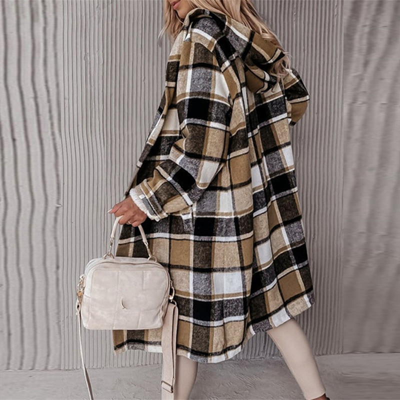 Modna, ležerna, široka karirana jakna s blokovima boja Najnoviji jesenski kardigan s gumbima Ženski trenč kaputi Zimski kaput s džepnom kapuljačom otporan na vjetar