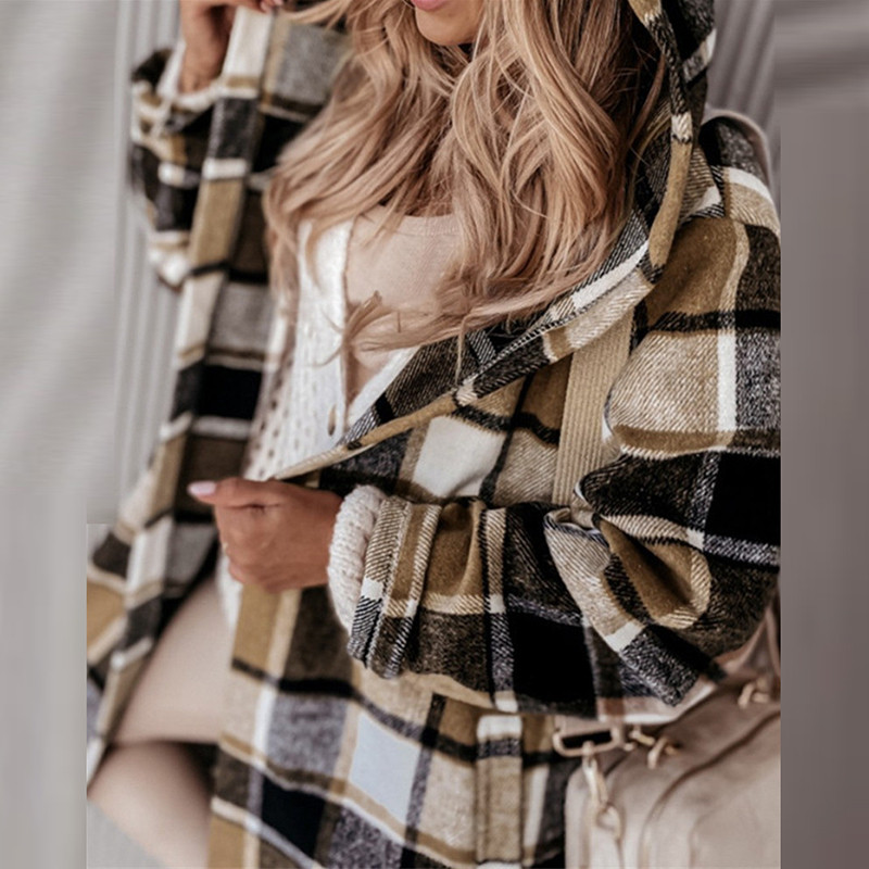 Modna, ležerna, široka karirana jakna s blokovima boja Najnoviji jesenski kardigan s gumbima Ženski trenč kaputi Zimski kaput s džepnom kapuljačom otporan na vjetar