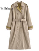 Willshela Γυναικεία Μόδα με Ζώνη Συνονθύλευμα Διπλό Στήθος Trench Vintage Λαιμόκοψη μακριά μανίκια Γυναικεία κομψά γυναικεία ρούχα