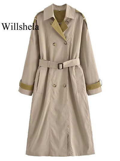 Willshela Γυναικεία Μόδα με Ζώνη Συνονθύλευμα Διπλό Στήθος Trench Vintage Λαιμόκοψη μακριά μανίκια Γυναικεία κομψά γυναικεία ρούχα