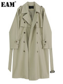 [EAM] Γυναικεία Πράσινη Μεγάλο Μέγεθος Κομψή τάφρο Νέο πέτο με μακρύ μανίκι χαλαρή εφαρμογή Windbreaker Fashion Tide Άνοιξη φθινόπωρο 2023 1DH0756