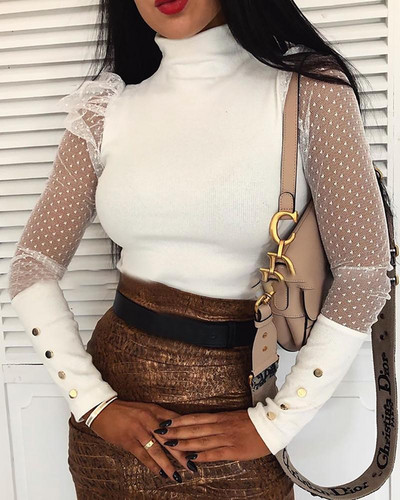 Γυναικείες πουά διχτυωτές μπλούζες με μακρυμάνικο γυναικείο πουκάμισο πουλόβερ μπλούζα με ψηλή λαιμόκοψη Φθινοπωρινά ρούχα