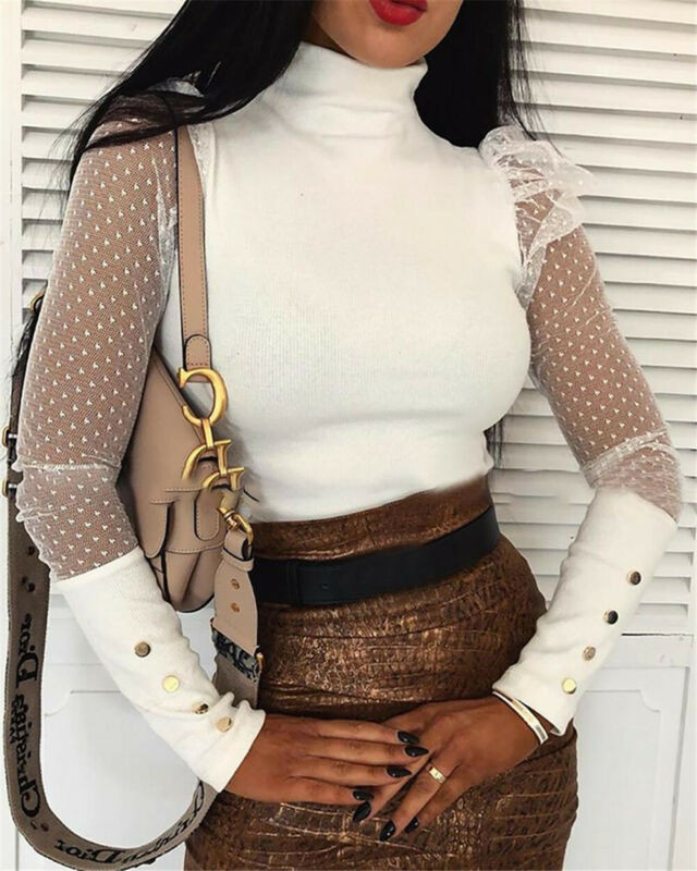 Γυναικείες πουά διχτυωτές μπλούζες με μακρυμάνικο γυναικείο πουκάμισο πουλόβερ μπλούζα με ψηλή λαιμόκοψη Φθινοπωρινά ρούχα