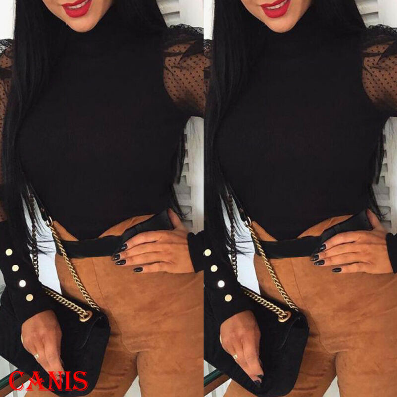 Γυναικείες πουά διχτυωτές μπλούζες με μακρυμάνικο γυναικείο πουκάμισο πουλόβερ μπλούζα με ψηλή λαιμόκοψη Φθινοπωρινά ρούχα