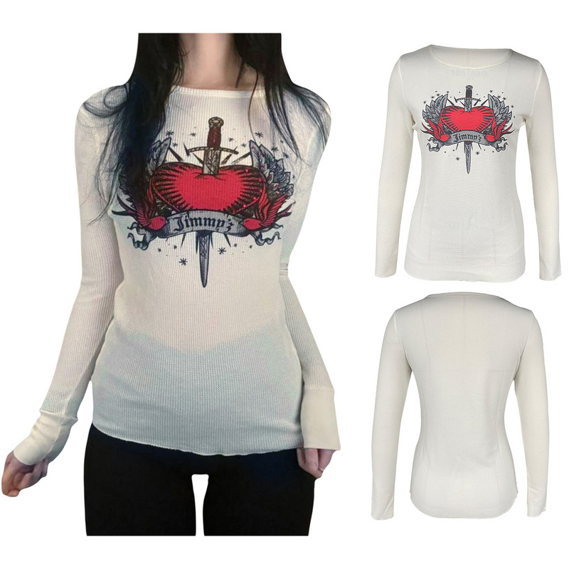 Ženska majica dugih rukava s okruglim izrezom Srce i mač s printom Slim Fit Ženske majice za ležerno svakodnevno