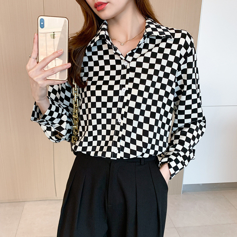 Νέο γυναικείο φθινοπωρινό μακρυμάνικο μπλουζάκι μόδας, καυτές πωλήσεις, φαρδιά μπλούζα με γαλλική σκακιέρα μειοψηφίας