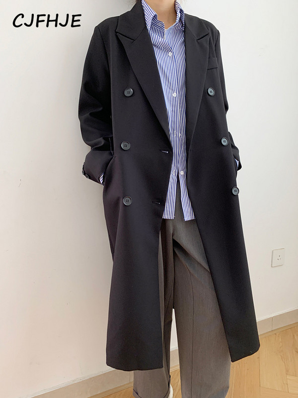 CJFHJE kevadine ühevärviline ülikond, keskmise pikkusega kaherealine naiste mood, vaba must vabaaja Korea jakk, mantel naistele
