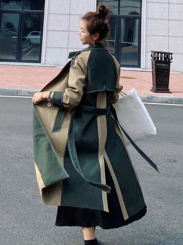 [EWQ] Vintage Patchwork With Belt Windbreaker mantel naistele pikkade varrukatega avara kahe nupuga Trench 2023 Sügis-talv Uus 16U4289