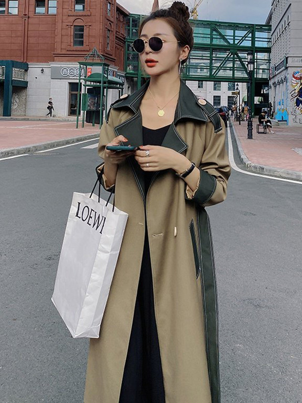 [EWQ] Vintage Patchwork With Belt Windbreaker mantel naistele pikkade varrukatega avara kahe nupuga Trench 2023 Sügis-talv Uus 16U4289