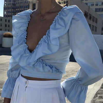 Ženske majice i bluze Elegantni dugi rukavi s volanima Bandage Crop Top Seksi večernja klubska košulja Streetwear blusa feminina