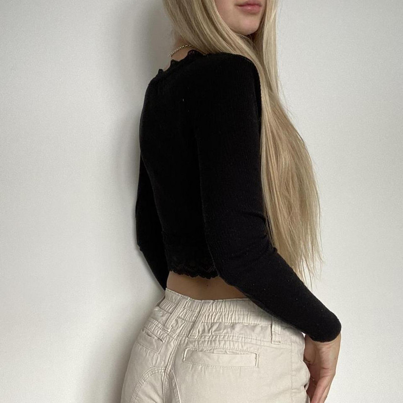 Ženske y2k Majice dugih rukava Jesen Vintage Ležerna Čipka Pulover s dugmadima Harajuku Tees Majice Klubska odjeća Ulična odjeća