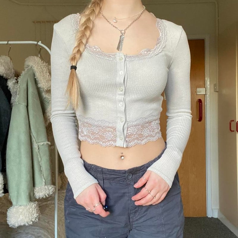 Ženske y2k Majice dugih rukava Jesen Vintage Ležerna Čipka Pulover s dugmadima Harajuku Tees Majice Klubska odjeća Ulična odjeća