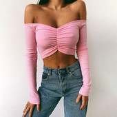 Off Shoulder Crop Top Γυναικείο Καλοκαιρινό μακρυμάνικο Tshirt V λαιμόκοψη Κομψό Party Club Tee Shirt Femme Dames Streetwear