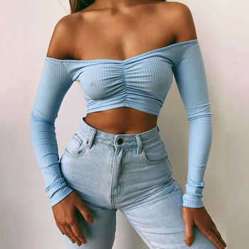 Off Shoulder Crop Top Γυναικείο Καλοκαιρινό μακρυμάνικο Tshirt V λαιμόκοψη Κομψό Party Club Tee Shirt Femme Dames Streetwear