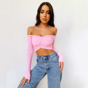 Off Shoulder Crop Top Γυναικείο Καλοκαιρινό μακρυμάνικο Tshirt V λαιμόκοψη Κομψό Party Club Tee Shirt Femme Dames Streetwear