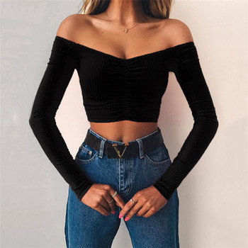 Off Shoulder Crop Top Γυναικείο Καλοκαιρινό μακρυμάνικο Tshirt V λαιμόκοψη Κομψό Party Club Tee Shirt Femme Dames Streetwear