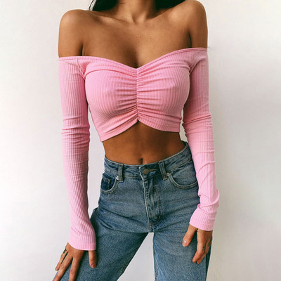 Off Shoulder Crop Top Γυναικείο Καλοκαιρινό μακρυμάνικο Tshirt V λαιμόκοψη Κομψό Party Club Tee Shirt Femme Dames Streetwear