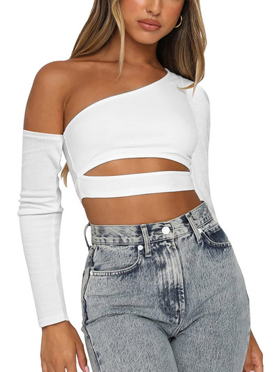 Γυναικεία Άνοιξη Φθινόπωρο y2k Casual μπλουζάκια Μακριά μανίκια λοξή λαιμόκοψη με μασίφ Slim Fit Crop Top Tees Clubwear Ρούχα