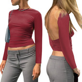 Majice dugih rukava bez leđa Ženska odjeća na više načina 2022. Tanka, osnovna, proljetno-jesenska, izrezana, seksi majica kratkih rukava.