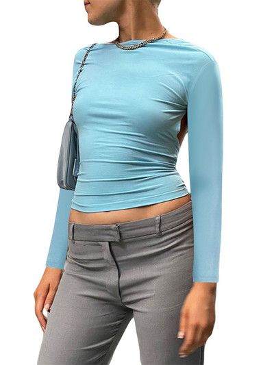 Majice dugih rukava bez leđa Ženska odjeća na više načina 2022. Tanka, osnovna, proljetno-jesenska, izrezana, seksi majica kratkih rukava.