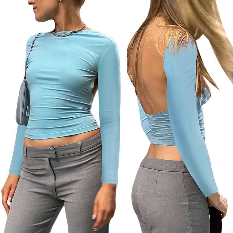 Majice dugih rukava bez leđa Ženska odjeća na više načina 2022. Tanka, osnovna, proljetno-jesenska, izrezana, seksi majica kratkih rukava.