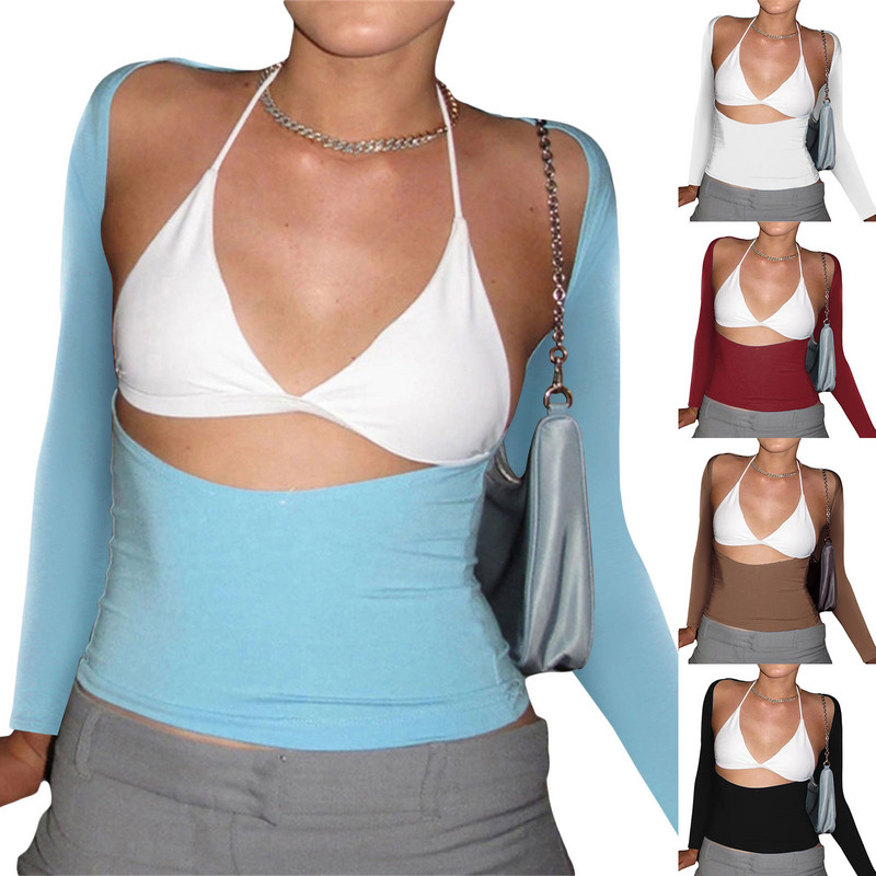 Majice dugih rukava bez leđa Ženska odjeća na više načina 2022. Tanka, osnovna, proljetno-jesenska, izrezana, seksi majica kratkih rukava.