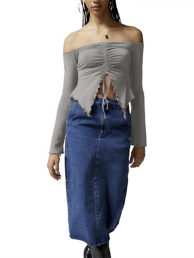 Ανοιξιάτικο σέξι γυναικείο μπλουζάκι με μακρυμάνικο φθινόπωρο με μακρυμάνικη άνοιξη χωρίς πλάτη, λευκό γυναικείο μπλουζάκι με σπαστό μονόχρωμο μπλουζάκι