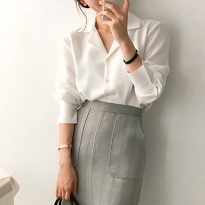 Jednobojne ženske majice i bluze od šifona Uredska ženska košulja dugih rukava Jesenske tunike s dugim rukavima Ležerne uske košulje