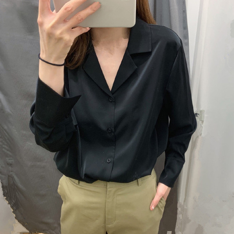 Jednobojne ženske majice i bluze od šifona Uredska ženska košulja dugih rukava Jesenske tunike s dugim rukavima Ležerne uske košulje