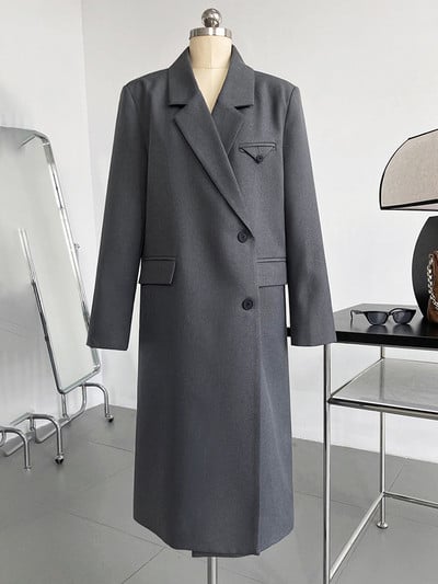 DEAT Fashion Γυναικείο γιακά με οδοντωτή εγκοπή Μονόχρωμες τσέπες με μονόχρωμο γιακά Χειμώνας 2023 Νέο 17A5481