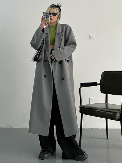 [EAM] Moteriškos baltos, didelio dydžio, ilgas laisvalaikio tranšėjos naujas atvartas, ilgomis rankovėmis, laisvai prigludęs vėjo striukė, madinga 2023 m. pavasario ruduo 1DF0076