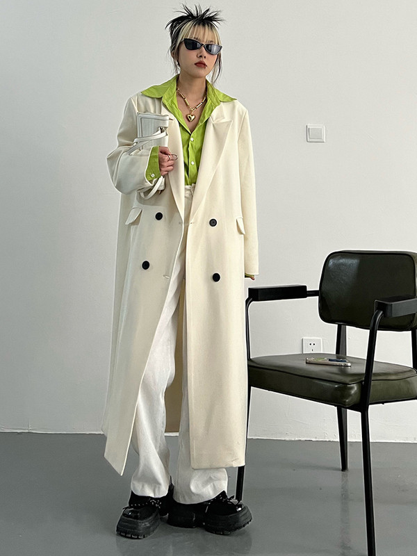 [EAM] Moteriškos baltos, didelio dydžio, ilgas laisvalaikio tranšėjos naujas atvartas, ilgomis rankovėmis, laisvai prigludęs vėjo striukė, madinga 2023 m. pavasario ruduo 1DF0076