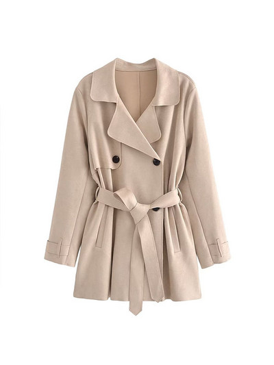 PB&ZA Moterų naujos mados zomšinės tekstinės spalvos paltas Vintažinis diržas ilgomis rankovėmis Dvieilis laisvalaikis moteriškas viršutinis drabužis Prašmatnus paltas