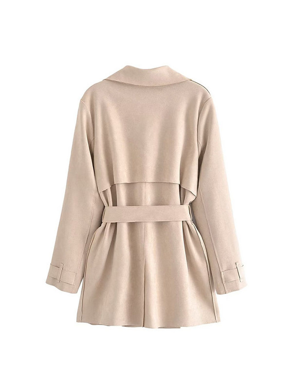 PB&ZA Moterų naujos mados zomšinės tekstinės spalvos paltas Vintažinis diržas ilgomis rankovėmis Dvieilis laisvalaikis moteriškas viršutinis drabužis Prašmatnus paltas