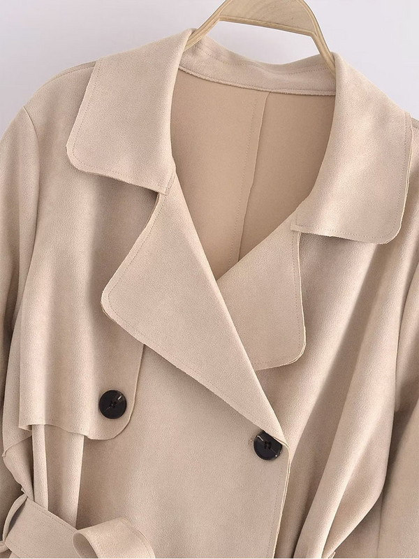 PB&ZA Moterų naujos mados zomšinės tekstinės spalvos paltas Vintažinis diržas ilgomis rankovėmis Dvieilis laisvalaikis moteriškas viršutinis drabužis Prašmatnus paltas