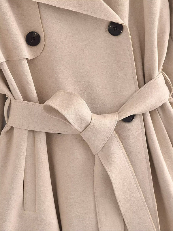 PB&ZA Moterų naujos mados zomšinės tekstinės spalvos paltas Vintažinis diržas ilgomis rankovėmis Dvieilis laisvalaikis moteriškas viršutinis drabužis Prašmatnus paltas