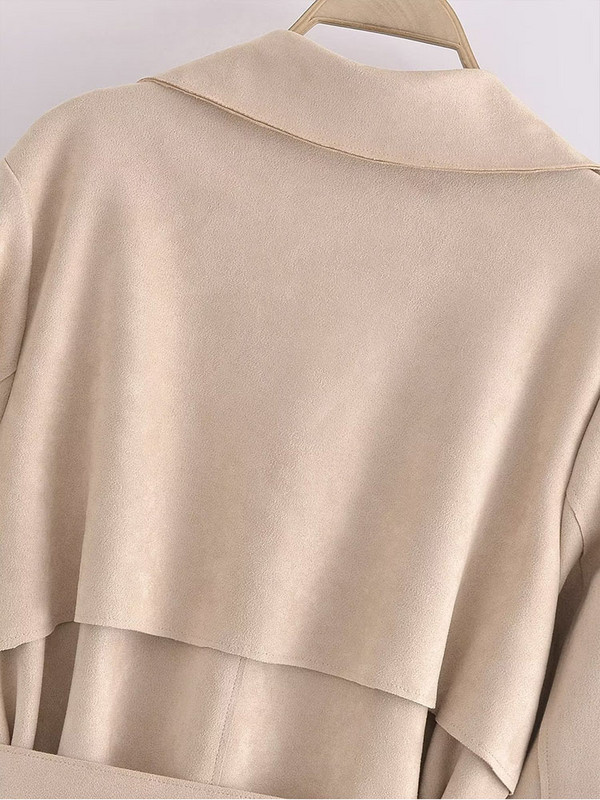 PB&ZA Moterų naujos mados zomšinės tekstinės spalvos paltas Vintažinis diržas ilgomis rankovėmis Dvieilis laisvalaikis moteriškas viršutinis drabužis Prašmatnus paltas