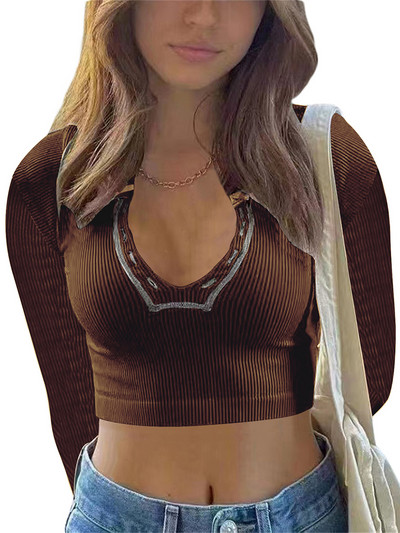 V kaklo ilgomis rankovėmis briaunoti megzti moteriški y2k estetiški Harajuku seksualūs apkarpyti viršutiniai palaidinės pavasario rudens atsitiktiniai ploni, įprasti moteriški marškinėliai