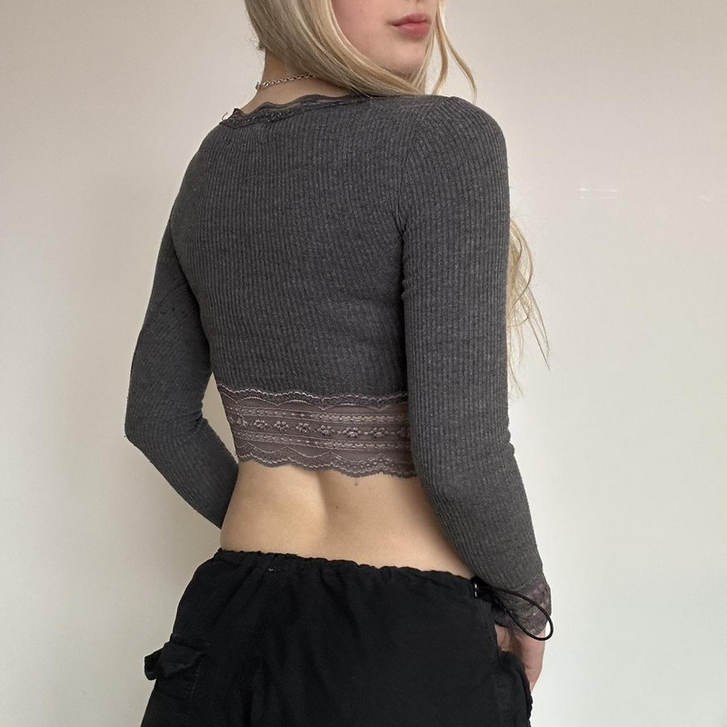 Majice s čipkom Y2K Fairy Grunge Ženske jesenske estetske jednobojne majice dugih rukava Ženske rebraste majice s četvrtastim ovratnikom Ulična odjeća