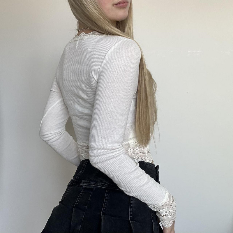 Majice s čipkom Y2K Fairy Grunge Ženske jesenske estetske jednobojne majice dugih rukava Ženske rebraste majice s četvrtastim ovratnikom Ulična odjeća