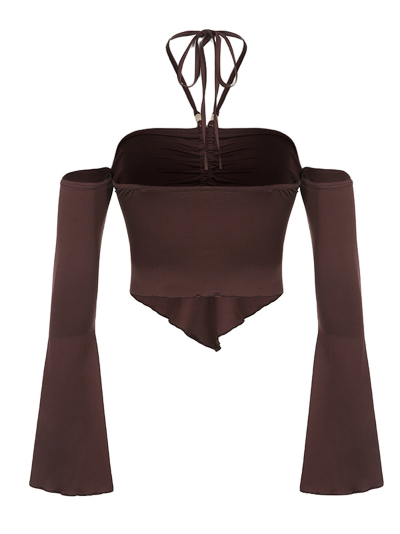 Ženske kratke majice s halterima Jednobojna košulja dugih rukava s naborima bez leđa za Club Streetwear Estetsku grunge odjeću