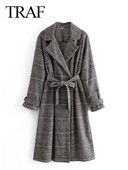 TRAF Φθινόπωρο Χειμώνας Γυναικεία Μόδα Houndstooth Μακρυμάνικη ζώνη πέτο Μάλλινη λεπτή Γυναικεία Κομψό Casual Chic παλτό