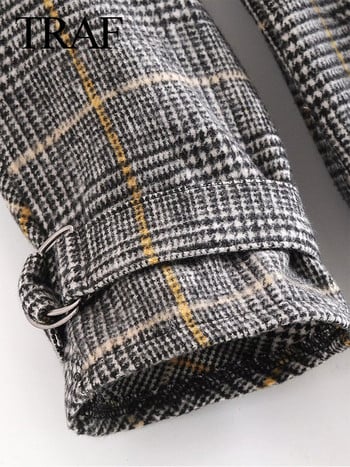 TRAF Φθινόπωρο Χειμώνας Γυναικεία Μόδα Houndstooth Μακρυμάνικη ζώνη πέτο Μάλλινη λεπτή Γυναικεία Κομψό Casual Chic παλτό