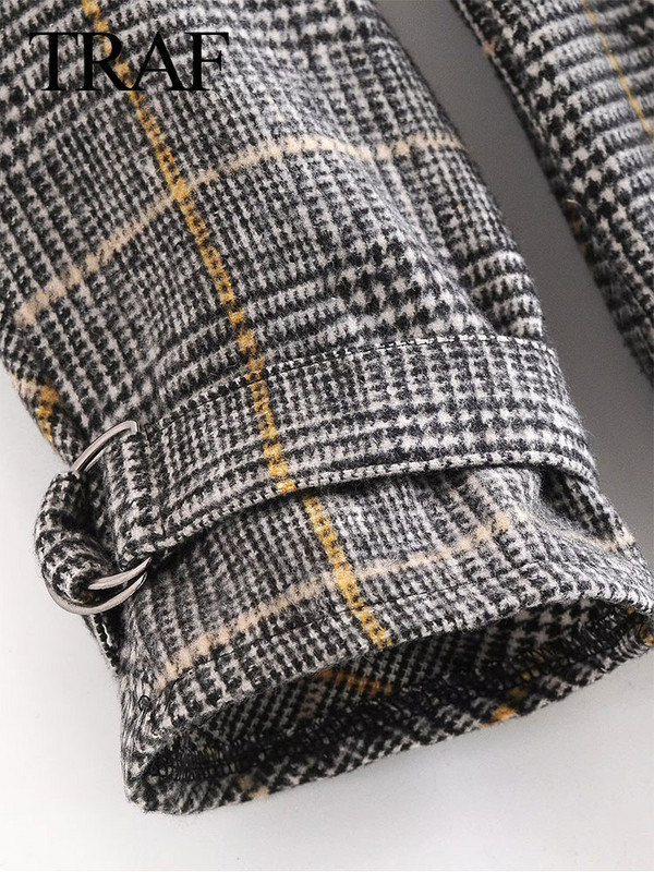 TRAF Φθινόπωρο Χειμώνας Γυναικεία Μόδα Houndstooth Μακρυμάνικη ζώνη πέτο Μάλλινη λεπτή Γυναικεία Κομψό Casual Chic παλτό