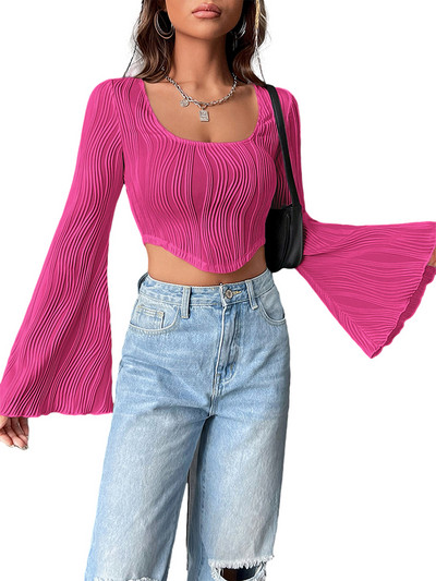 Γυναικείες μπλούζες με υφή φθινοπώρου άνοιξη, μακρύ μανίκι, λαιμόκοψη, μονόχρωμη, μονόχρωμη μπλούζα με λεπτή εφαρμογή Streetwear