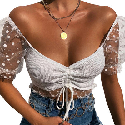 Ženske seksi elegantne majice kratkih rukava s otvorenim ramenima Ženske mrežaste majice s točkicama kratkih rukava Modna jednobojna ženska majica s golim pupkom Osnovna majica na vezanje